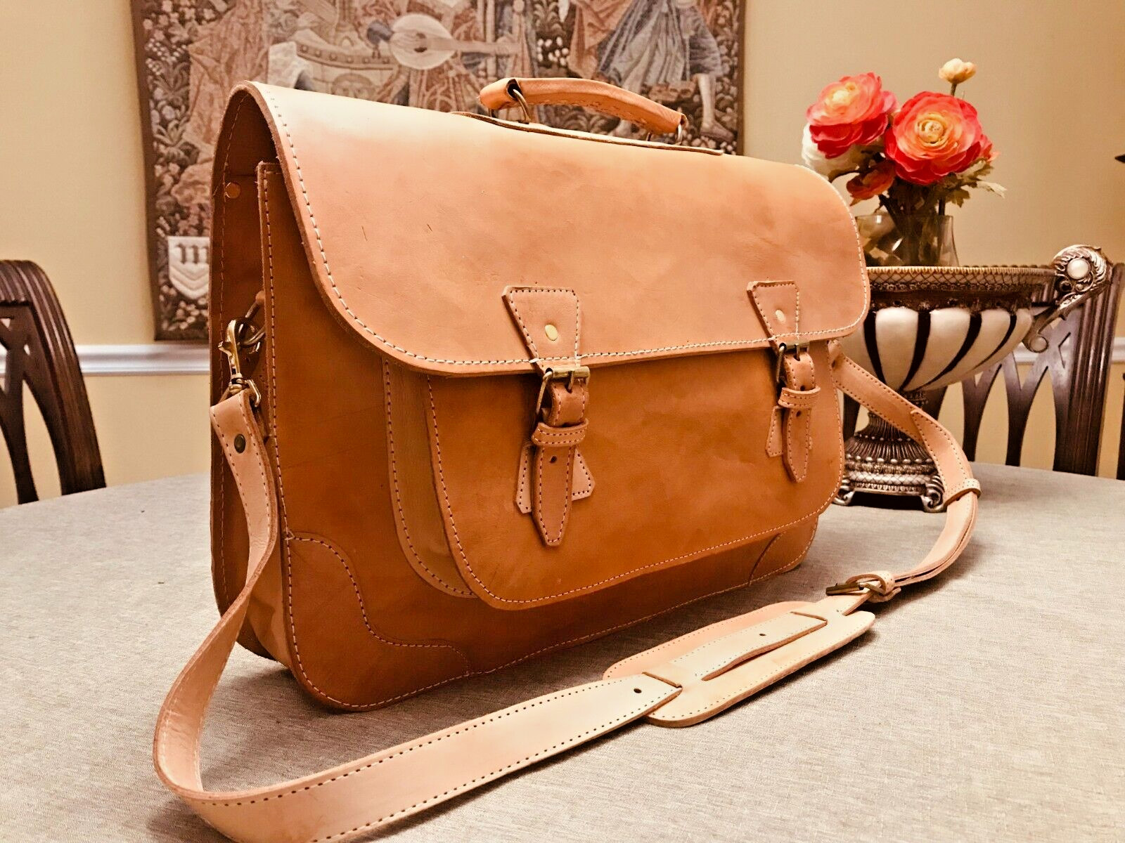 Natural Tan Burnished Belting Leather Briefcase / Messenger Bag – SPAIN