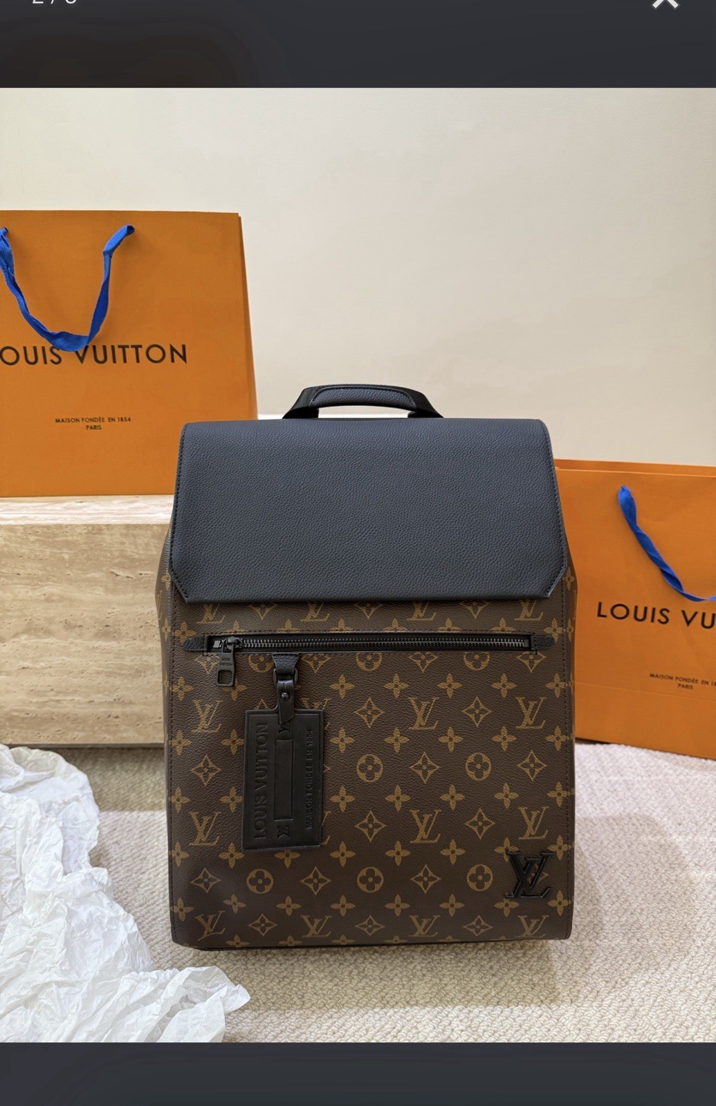 Louis Vuitton Monogram Backpack Brown/Black Top Handle Front Zip Pocket Zip