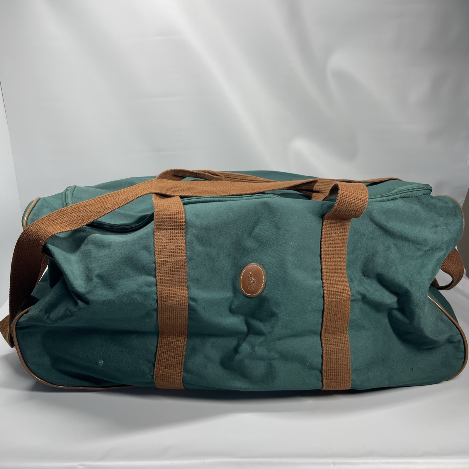 VTG Polo Ralph Lauren Green Brown Zip Duffle Bag Shoulder Strap Classic Sports