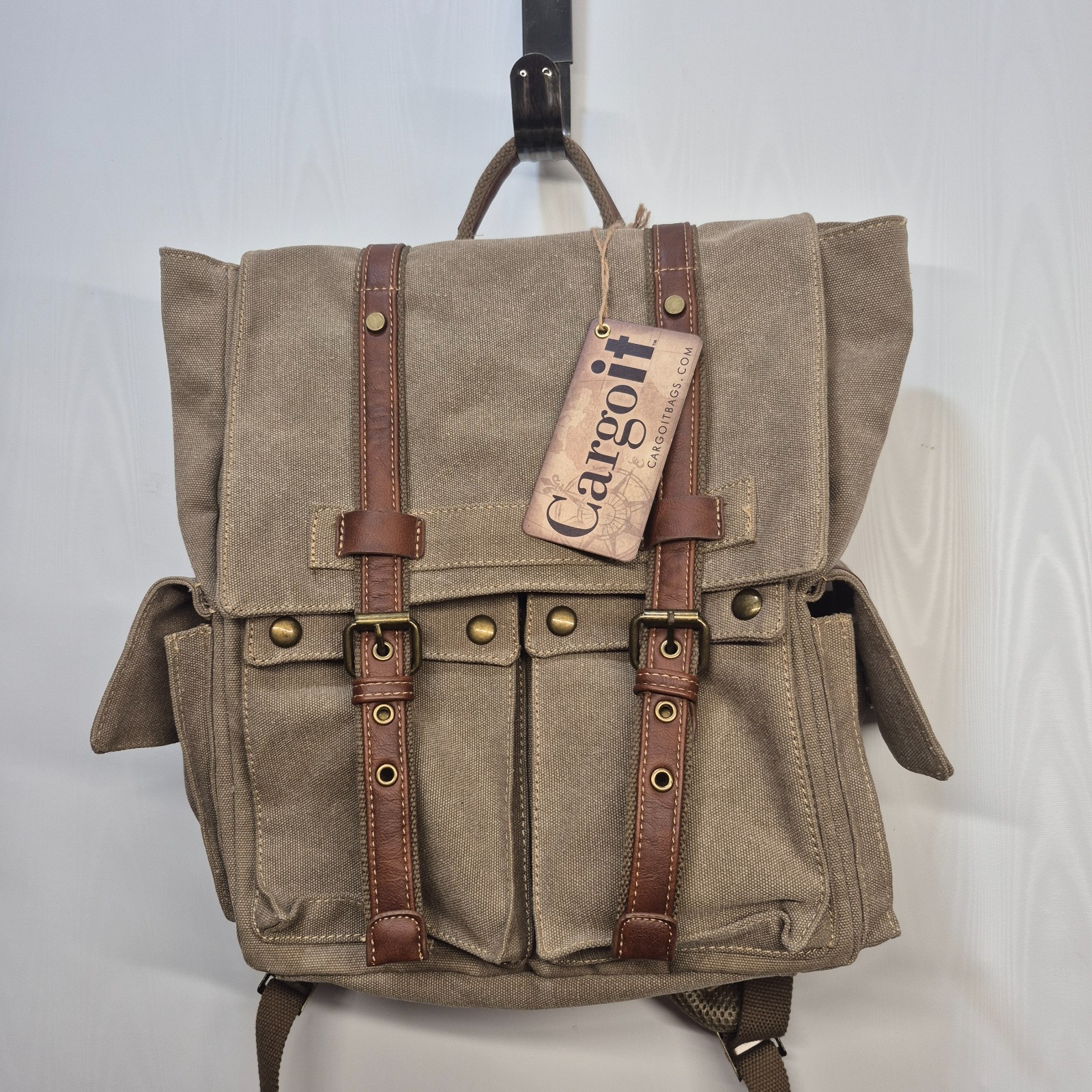 Cargo It Large Beige Khaki Washed Canvas Backpack with pockets Leather straps