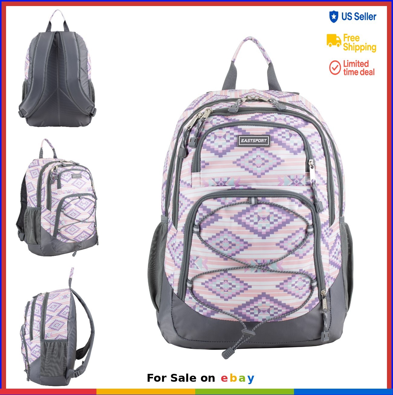 Sports Backpack Large Multi Zipper Pockets Padded Straps Bungee Cord Storage