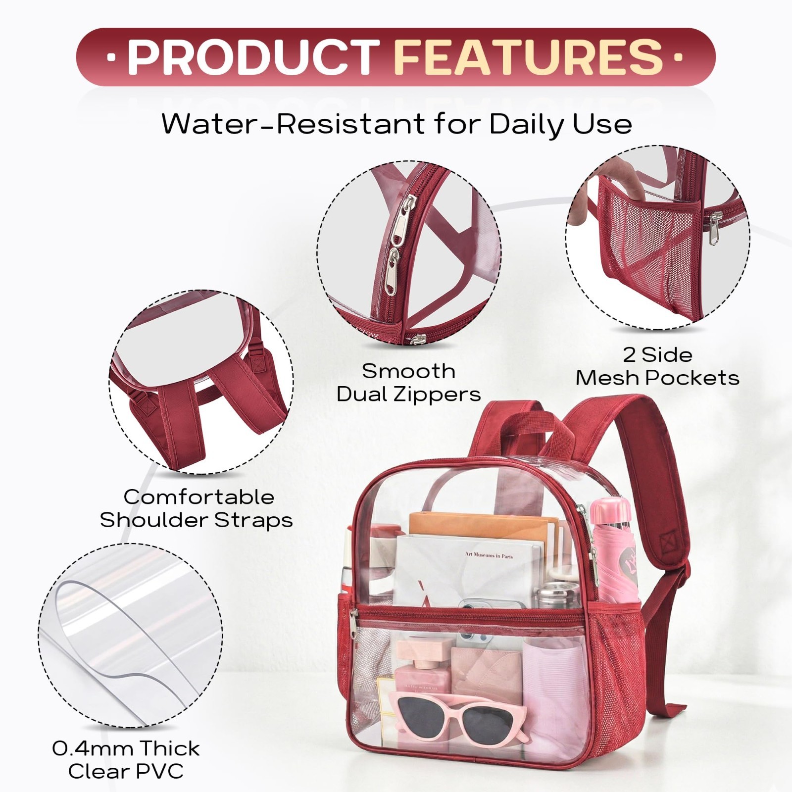 Clear Stadium Approved Backpack – Transparent Small Bag for Concerts, Sports, Fe