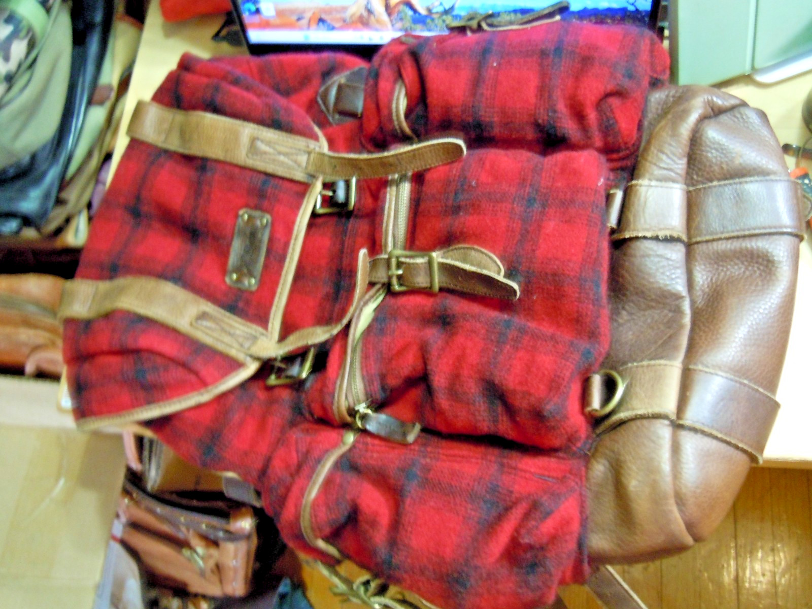 VTG LL Bean BACKPACK RUCKSACK wood Plaid Brown LEATHER Large “. #9