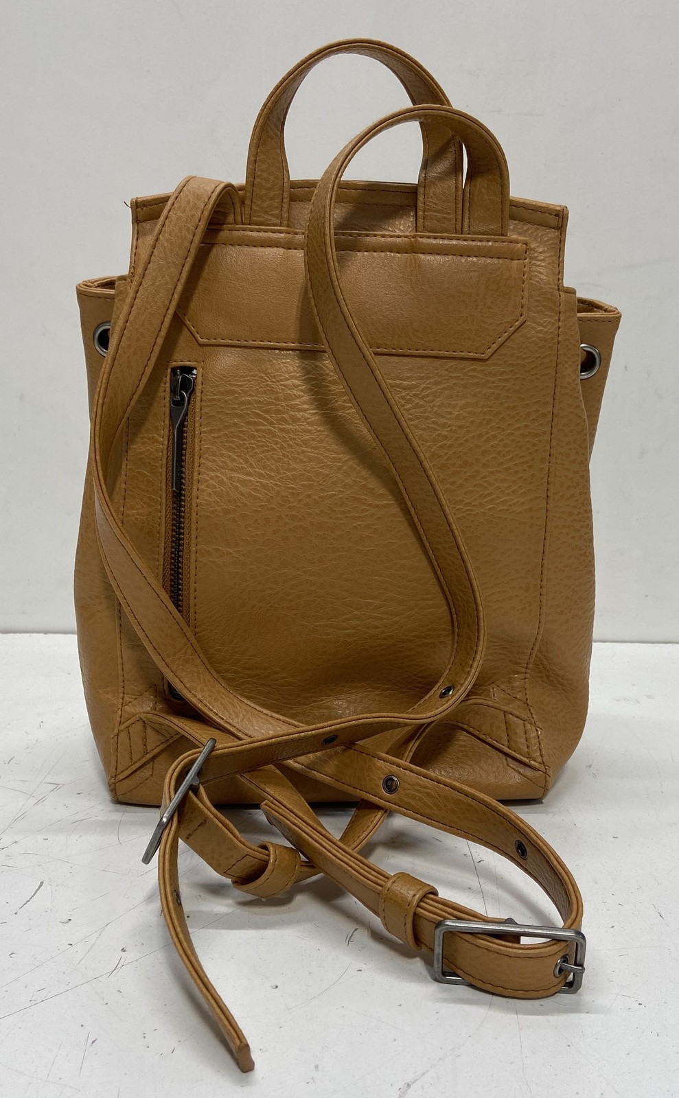 Matt & Nat Tan Vegan Leather Drawstring Flap Backpack Small Silver Hardware