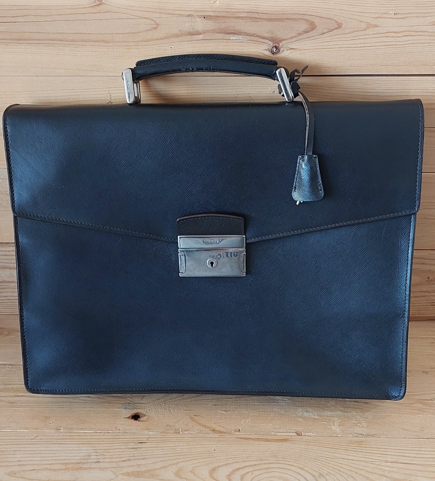 Vintage Prada Saffiano Black Leather Briefcase single compartment
