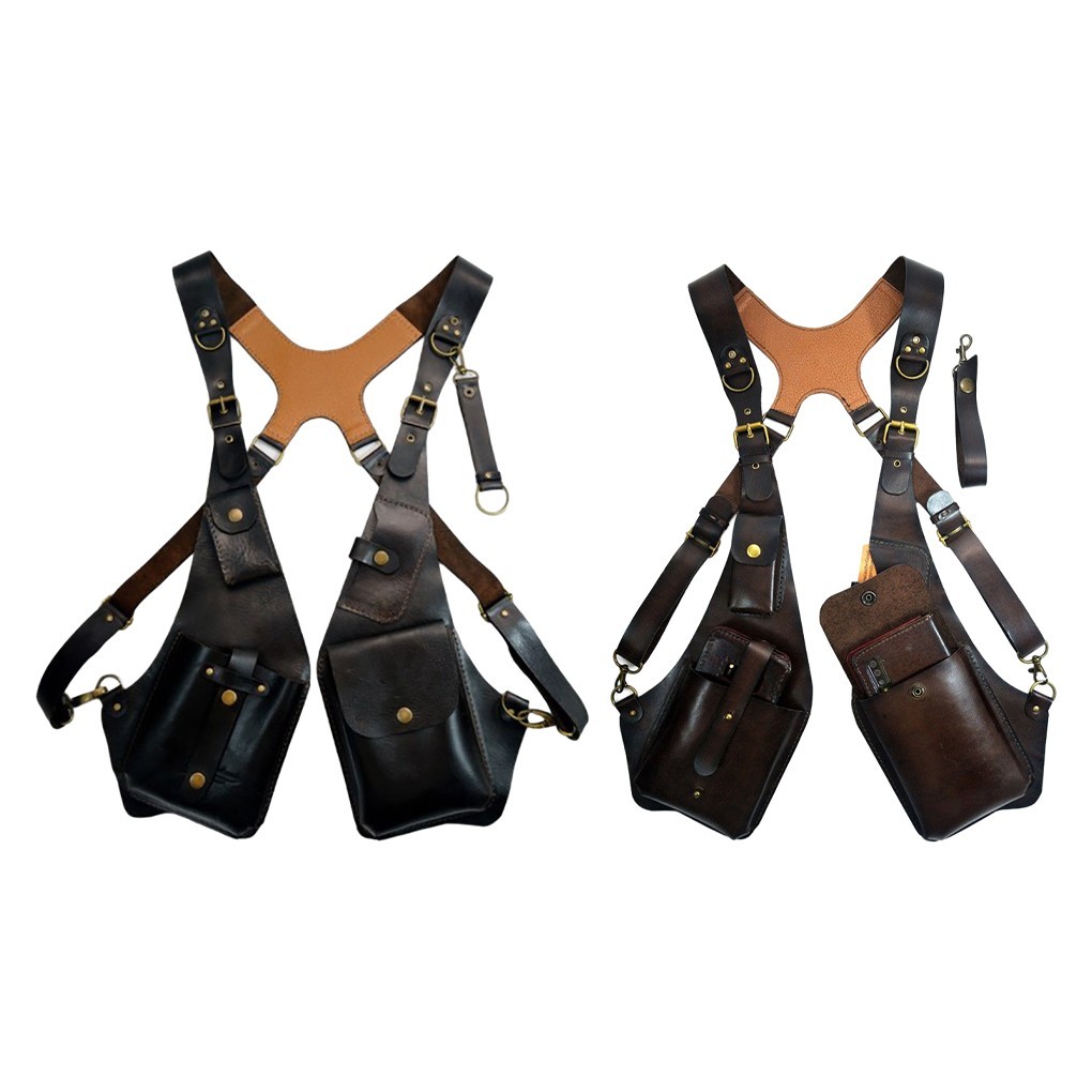 Men Steampunk Shoulder Harness Bag Adjustable PU Leather Chest Holster Black