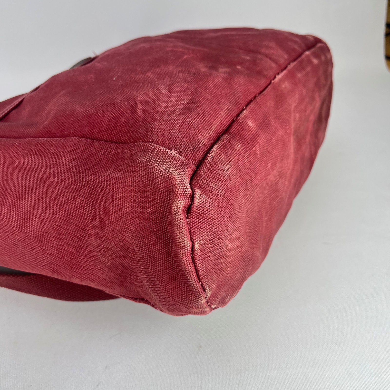 LL Bean Stonington Tote Bag Script Tag Canvas Dark Red Maroon Leather Handles