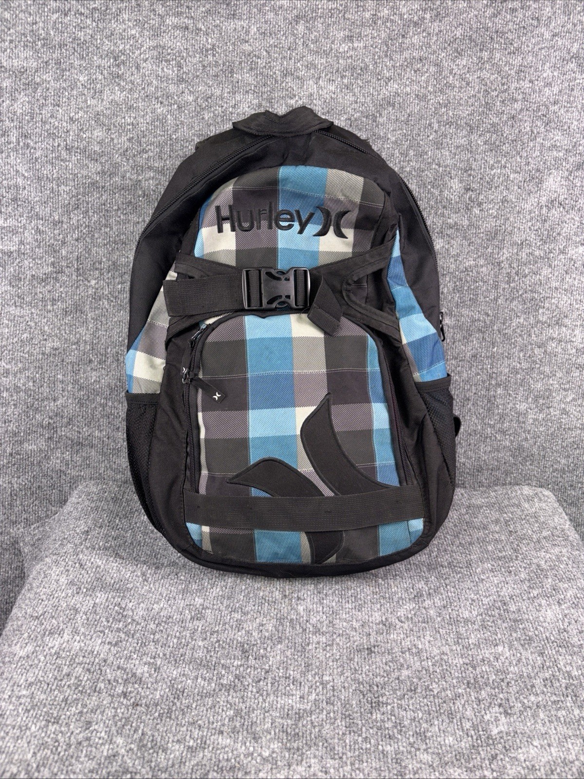 HURLEY Blue /Black Checkered PLAID SKATEBOARD BACKPACK Surf Hike Gym Gear School