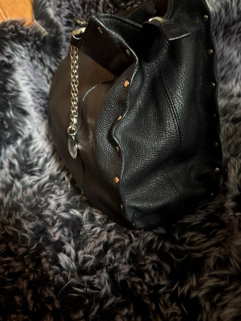 Lanvin Rivets Leather Bag Shoulder Black Silver Used