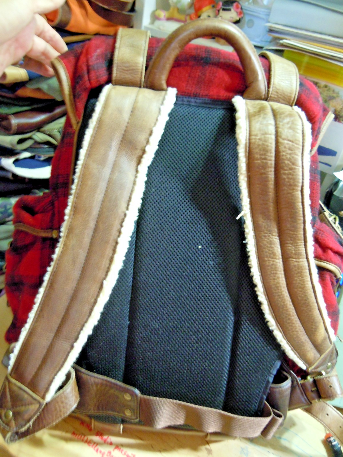VTG LL Bean BACKPACK RUCKSACK wood Plaid Brown LEATHER Large “. #9