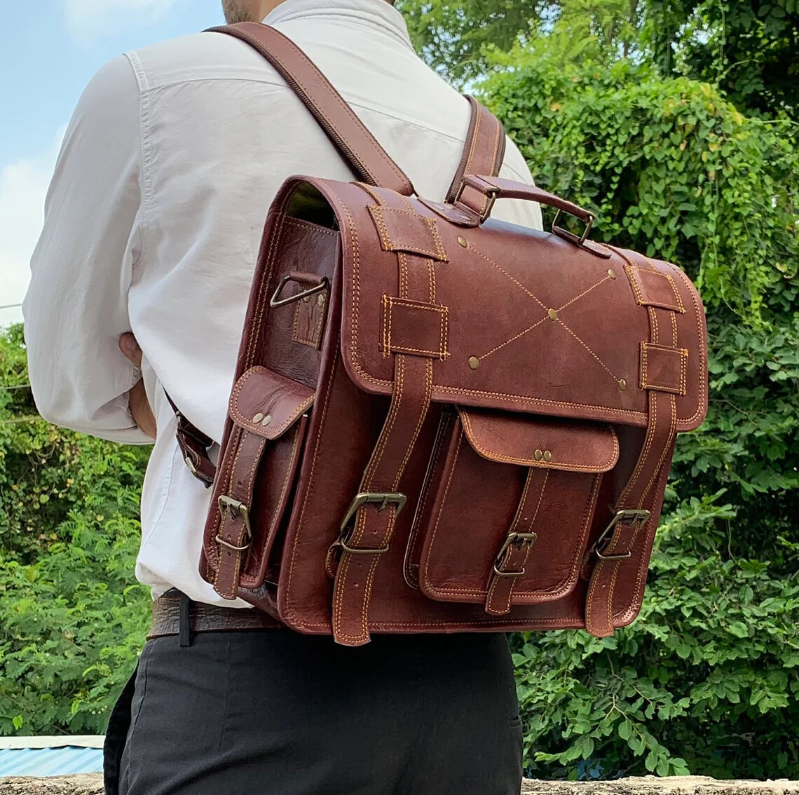 Retro Vintage Leather Laptop Messenger Convertible Backpack Sling Bag Briefcase
