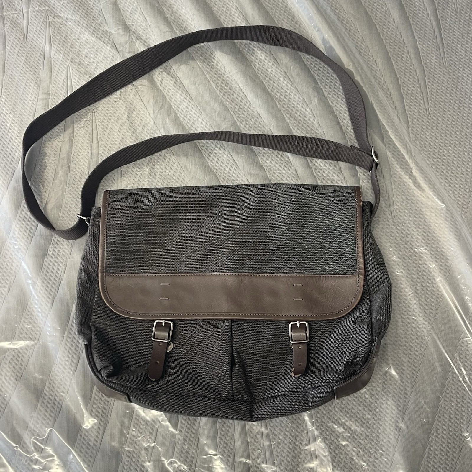Fossil Messenger Bag Fabric Leather Distressed Strap Unisex Crossbody Laptop