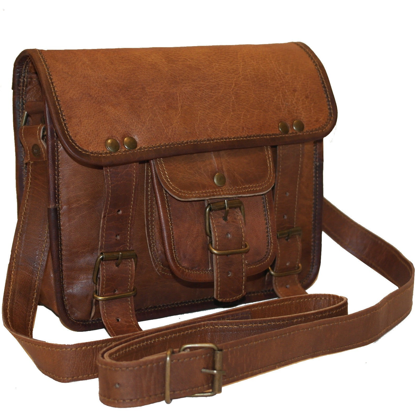 Handmade Genuine Goat Leather Brown 9X11 inch College School Office Sling Bag