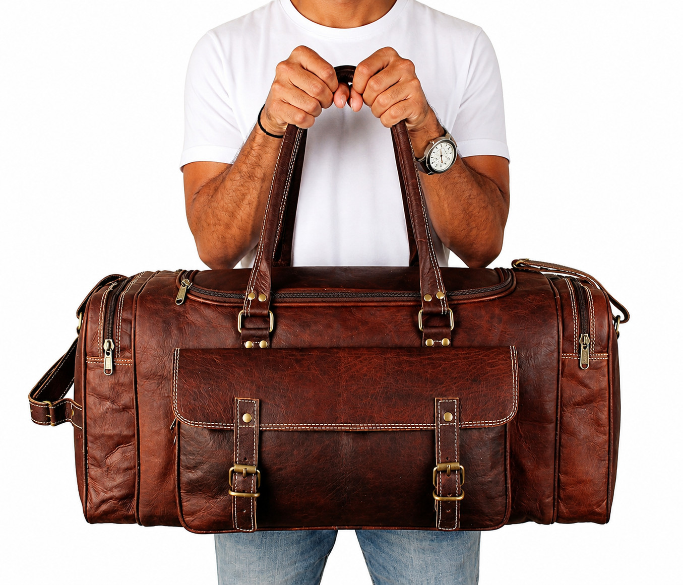 Handmade Rustic Leather Duffle 21in Vintage Weekender Carry On Travel Bag Large