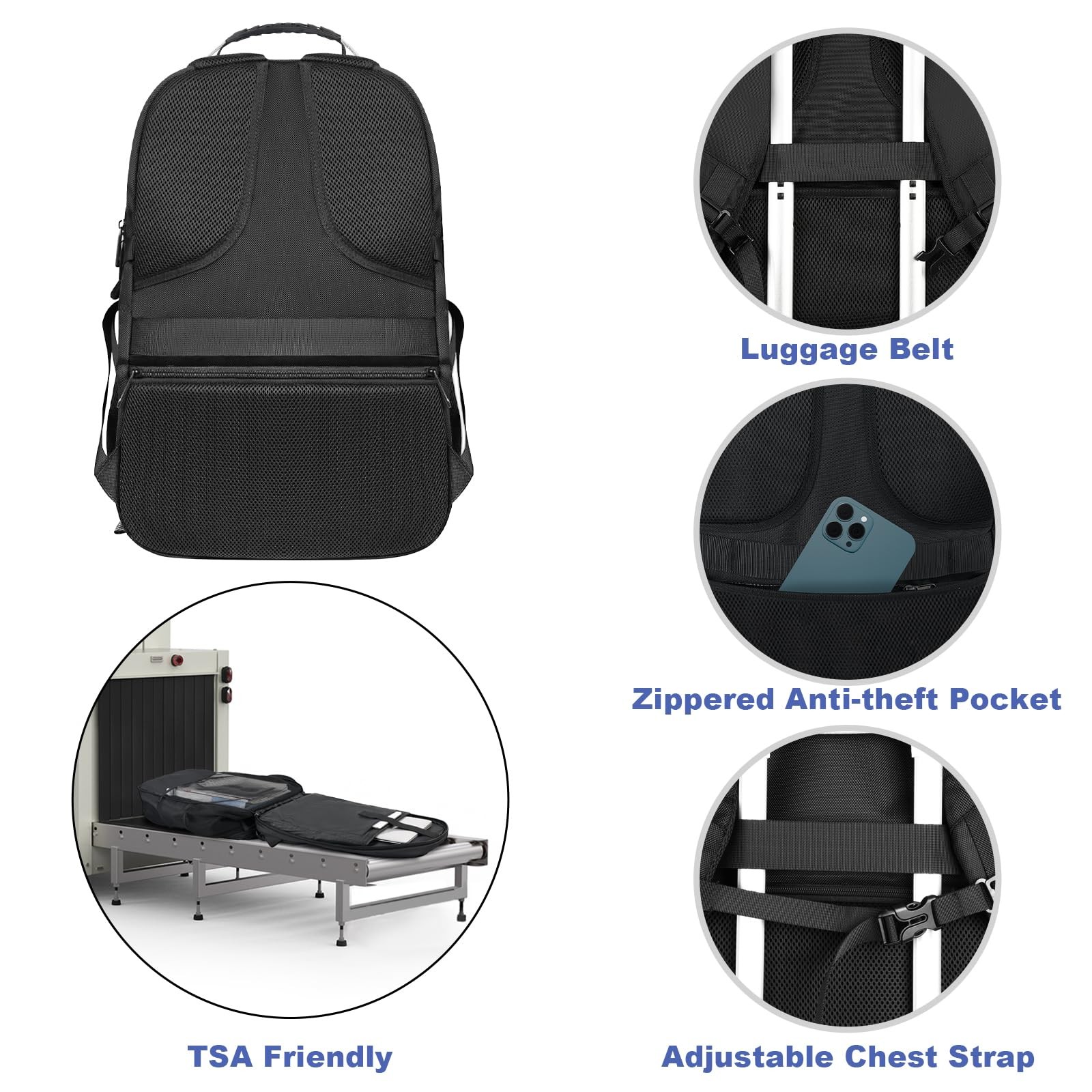 Extra Large 18.4~19″ Laptop Backpack for Men, TSA Anti~Theft Travel Bag Black