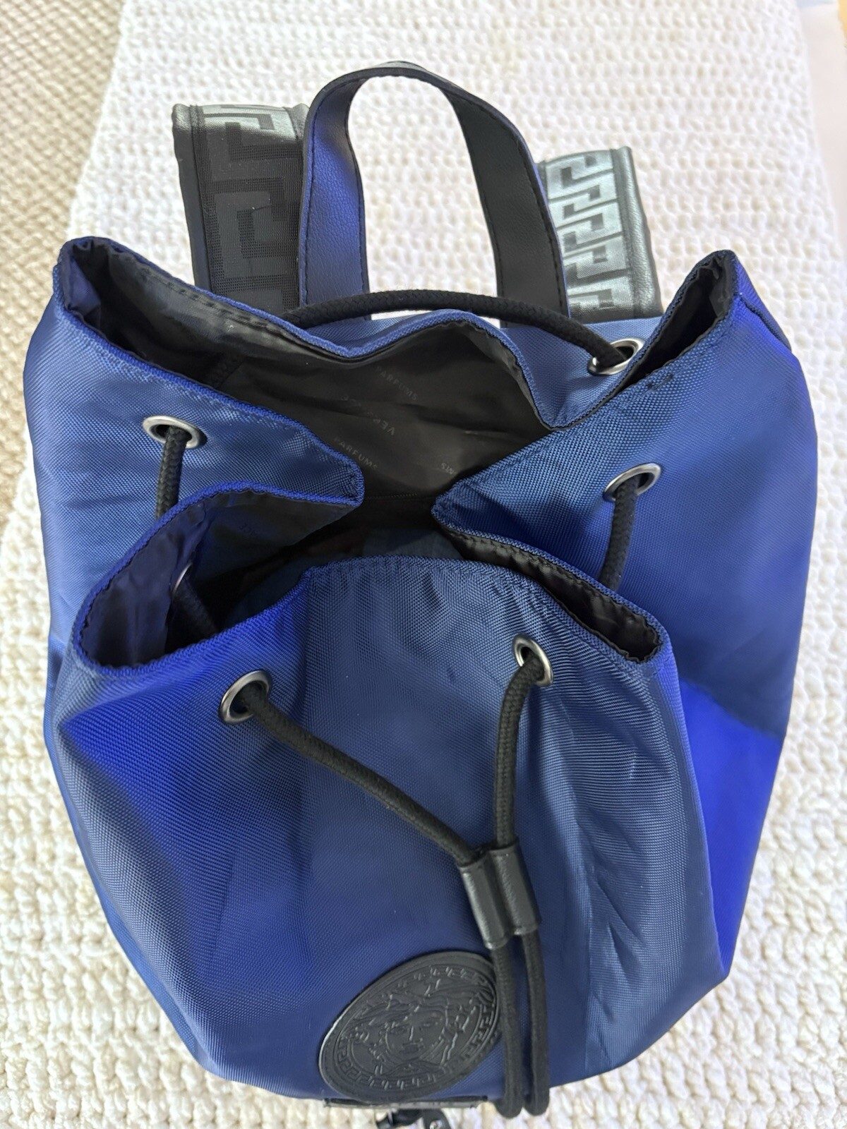 Versace Parfums Draw-string Large Navy Blue With Black Backpack Medusa Logo