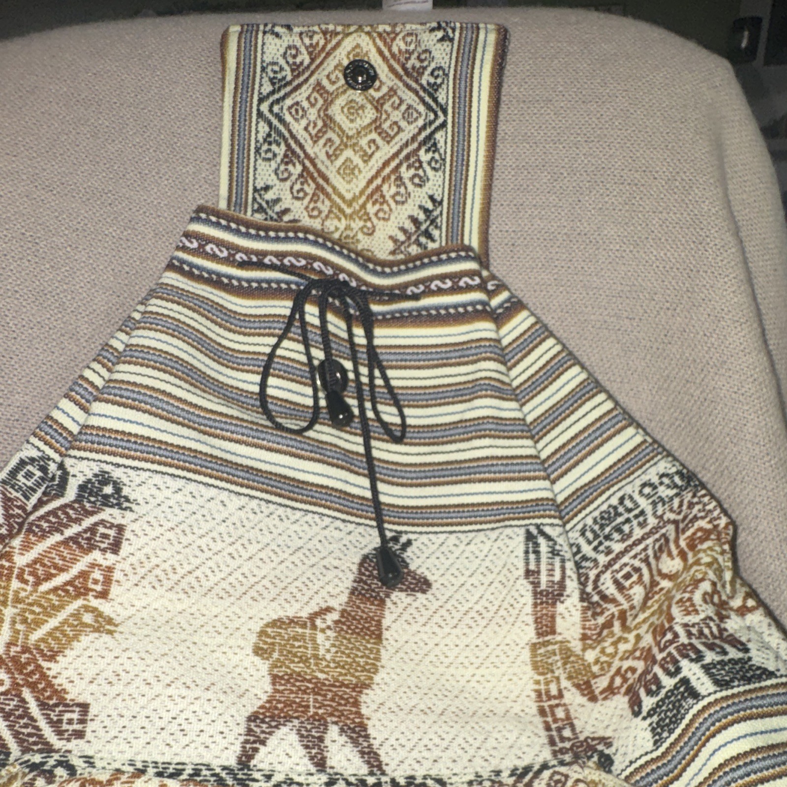Multicolor Woven Drawstring Backpack Llama Aztec Striped Lined Adjustable Strap