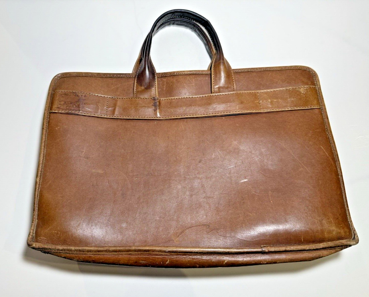 Jack Georges Brown Leather Briefcase Handles Zippers Many Pockets 16-1/2″ x 11″