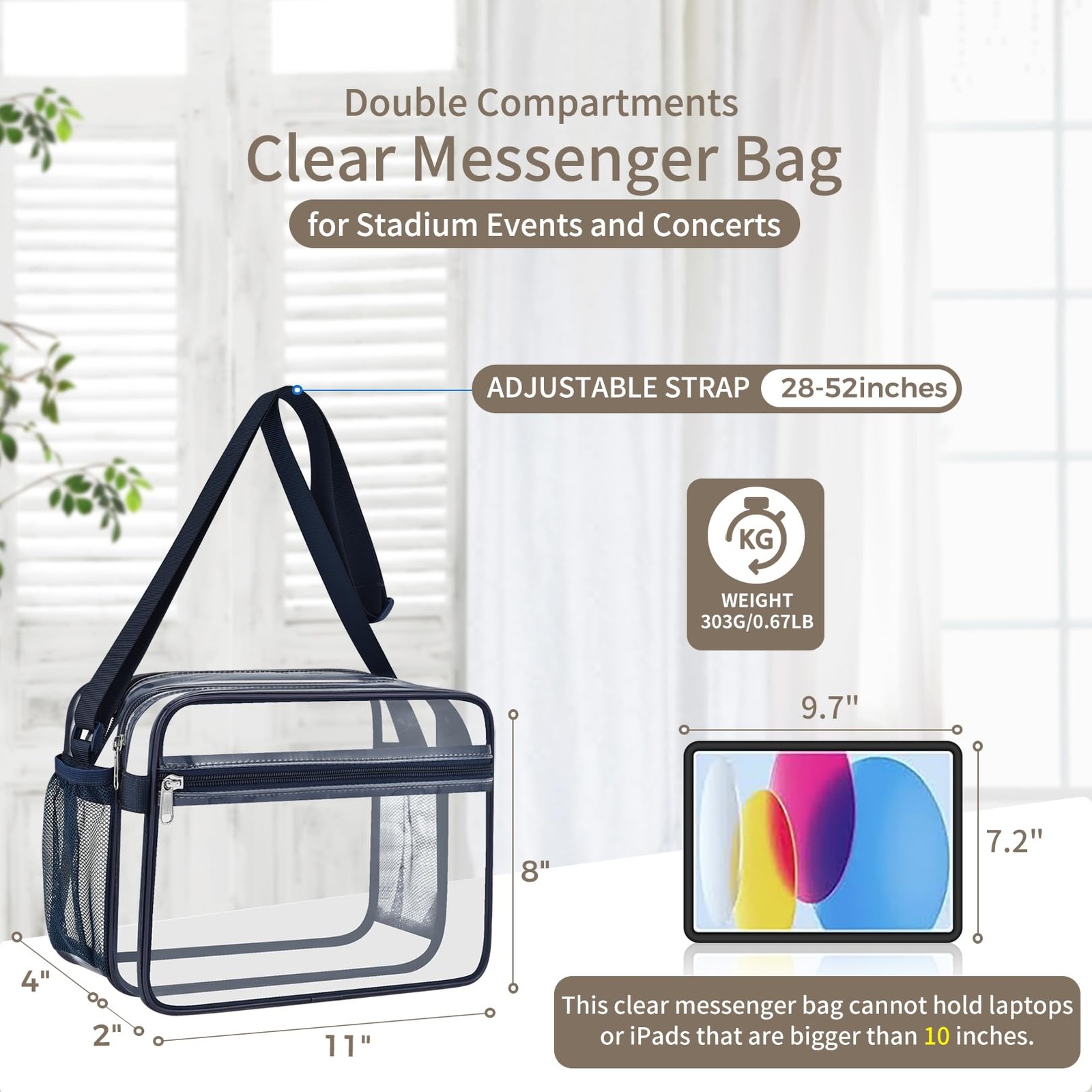 2 Compartment Clear Stadium Messenger Bag For Concerts Games Events