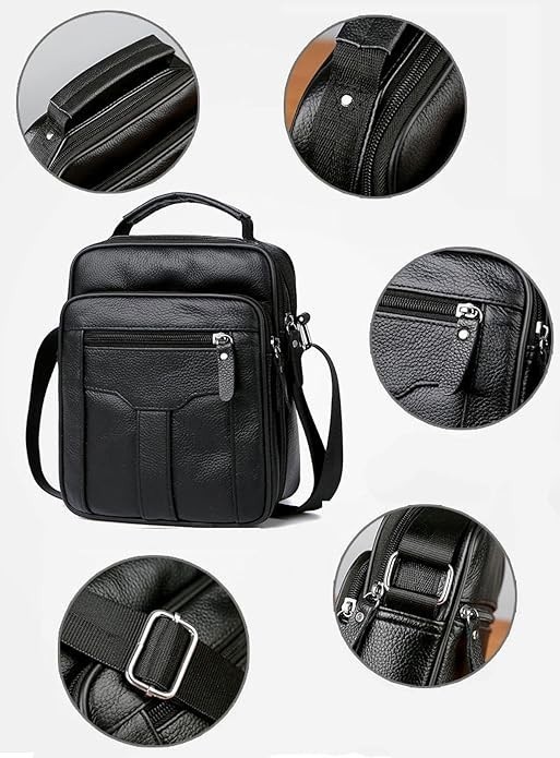 Men Leather Shoulder Bag Durable Crossbody Messenger Front Back Pockets Business
