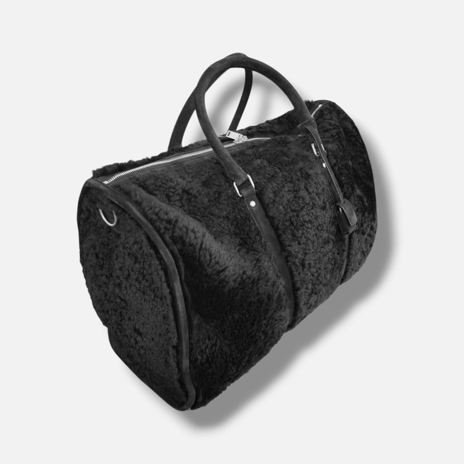 Saint Laurent Men Black Shearling Suede Crossbody Travel Duffel Bag
