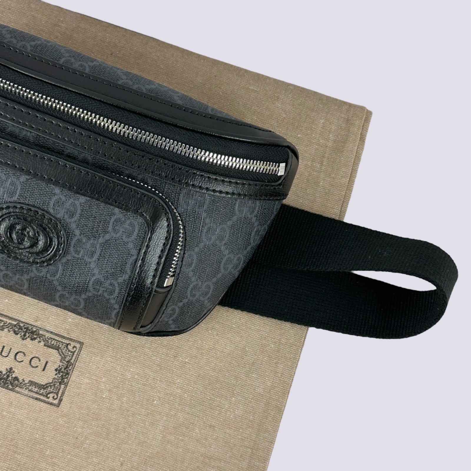 Gucci GG Monogram Logo Interlocking G Canvas Crossbody Belt Bag Black 682933