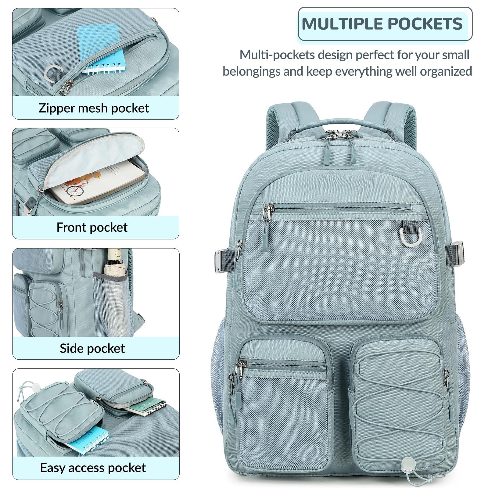 Multi-Pocket Travel Backpack, Heavy Duty Bookbag with 15.6″ Laptop Compartment,