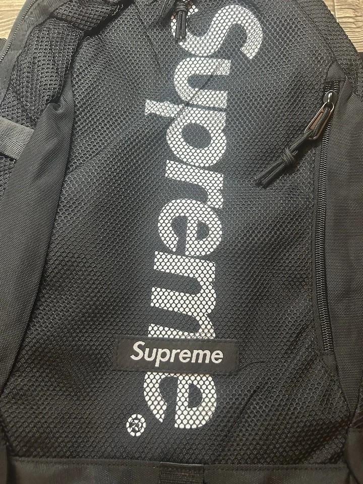Supreme Black Mesh Backpack Vertical White Logo Adjustable Straps