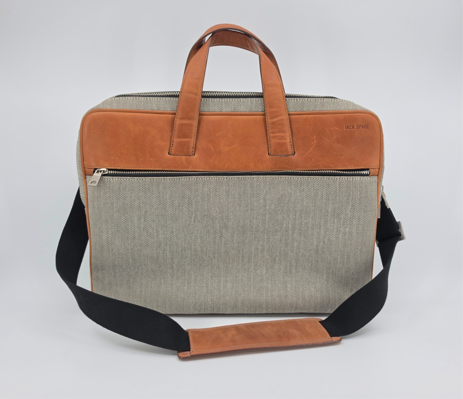 Jack Spade Bartlett Briefcase Waxed Leather Canvas Laptop Messenger Bag Tan