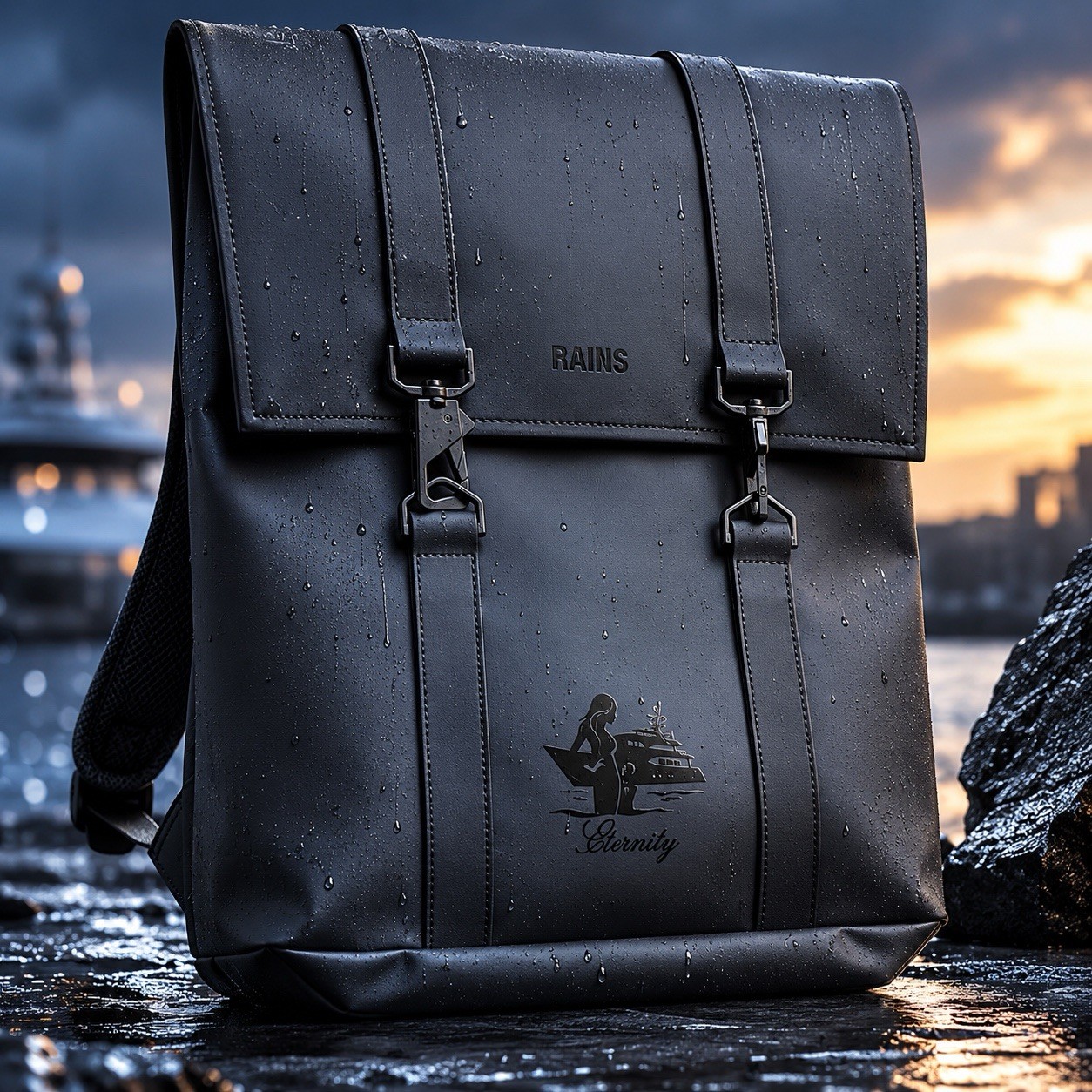 RAINS MSN Bag Mini Black Waterproof Backpack Eternity Yacht Logo