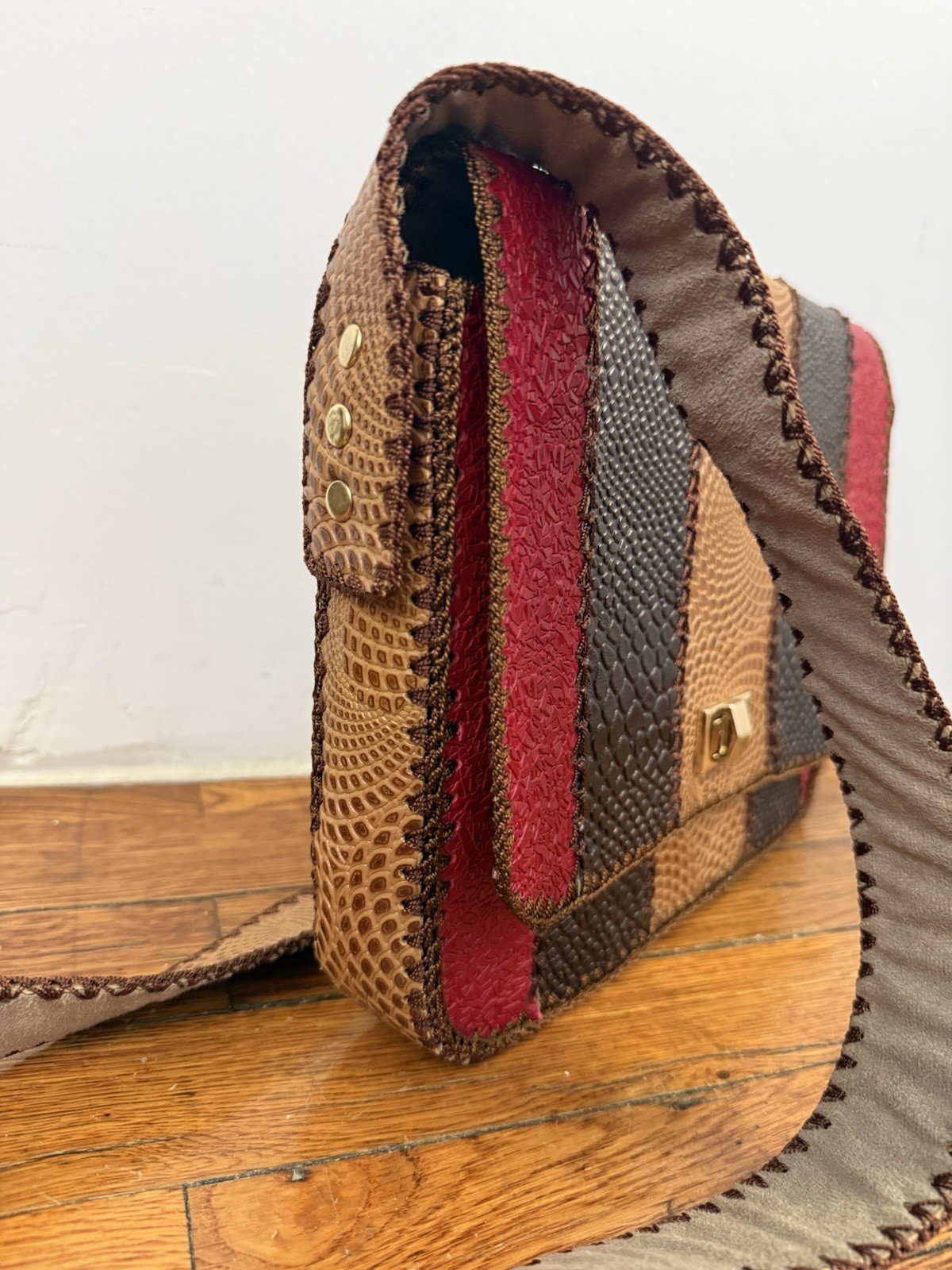 Boho Patchwork Embossed Leather Crossbody Snake Texture Artisan Shoulder Purse