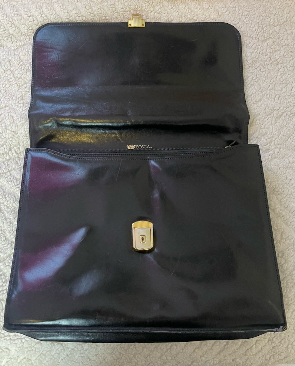 Vintage Bosca Old Leather Briefcase Flap over 3 Gusset Shoulder Bag