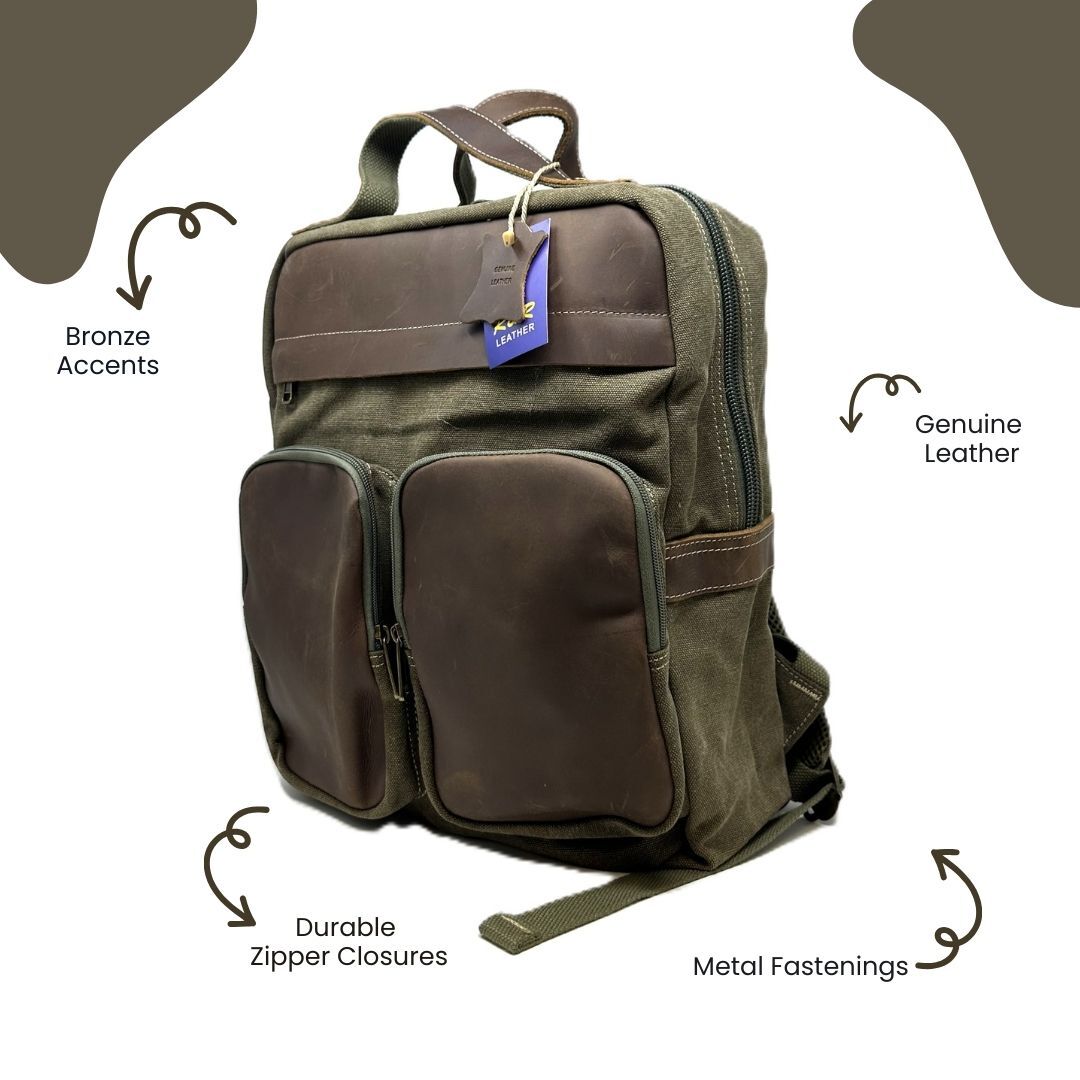 R&R Leather and Canvas Laptop Backpack Bag – Olive Green