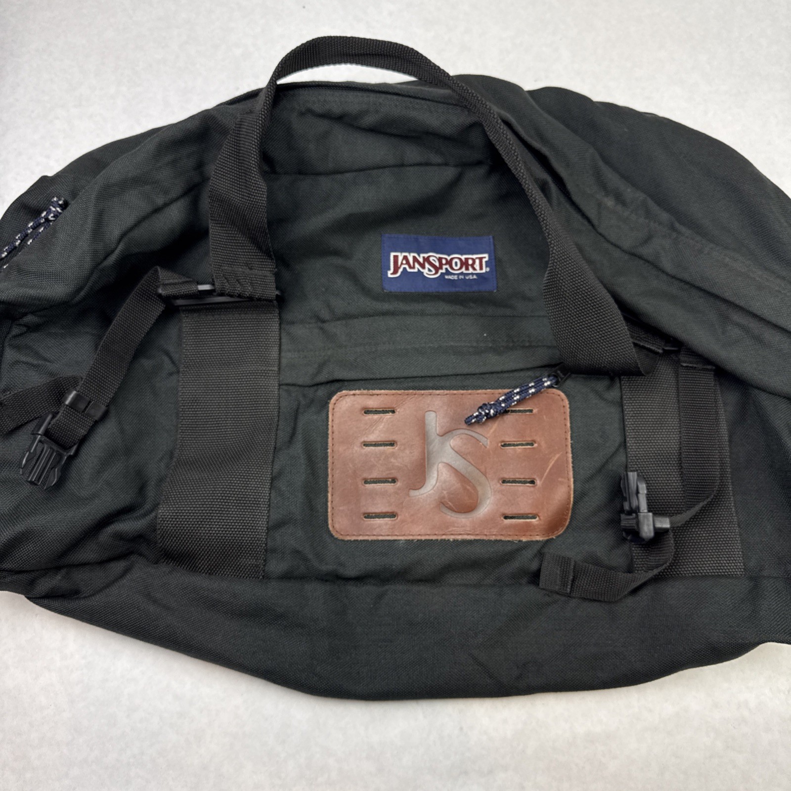 VTG Jansport Duffel Luggage Black W/ Leather Handle Patches Ripstop Lining USA