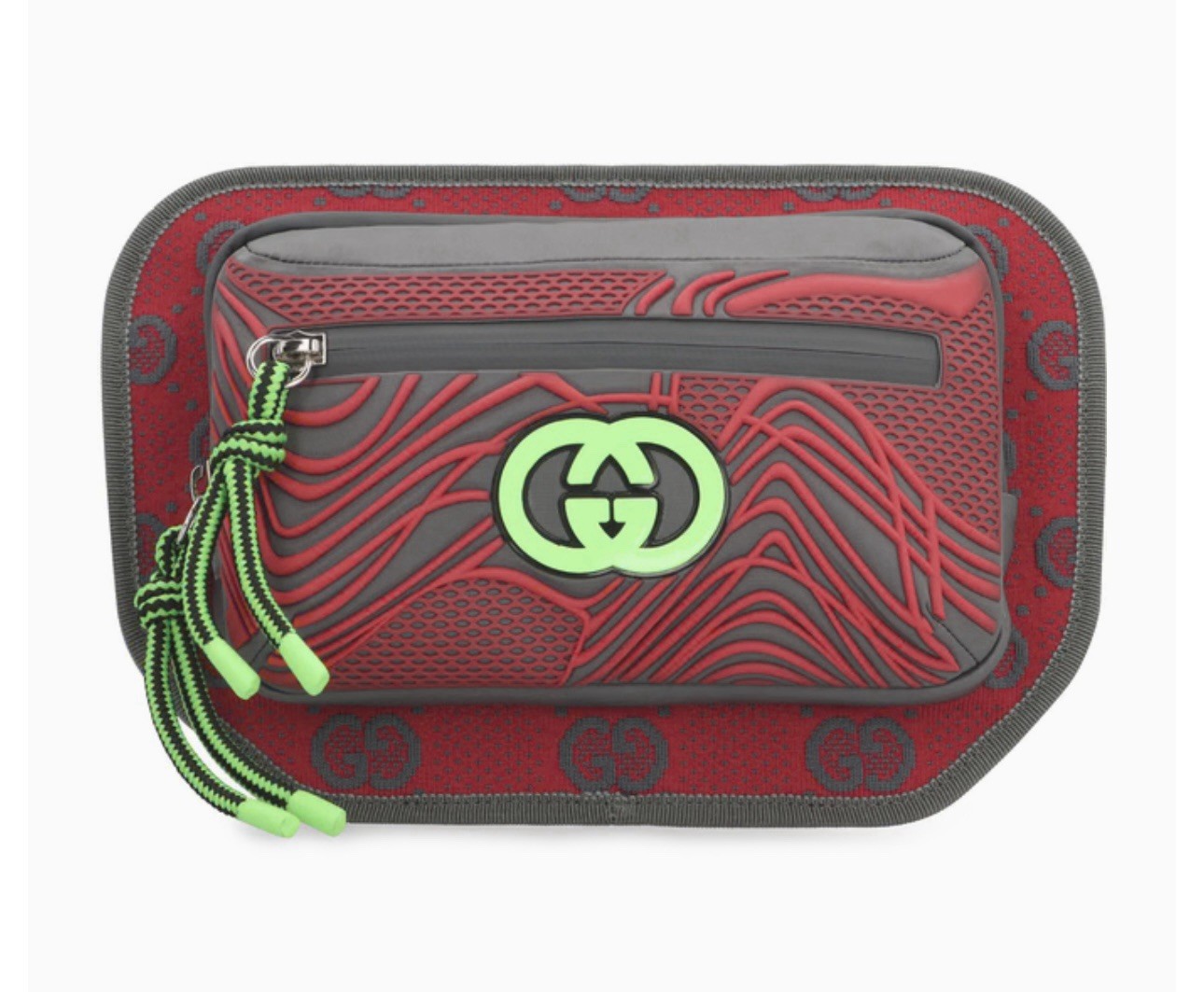 Gucci GG Nylon Waist Bag Nylon Rubber Red Grey 752102 $1500 Retail Authentic