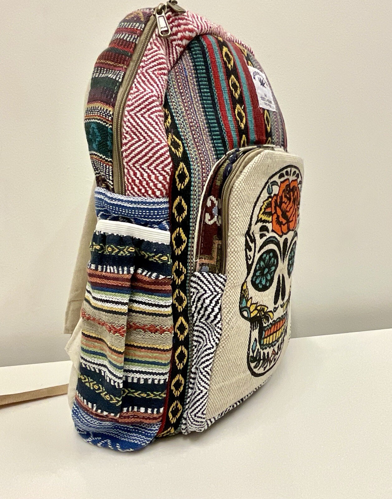 Hemp Backpack (Sugar Skull) With Laptop Pocket Nepal Fair Trade Hiking Boho