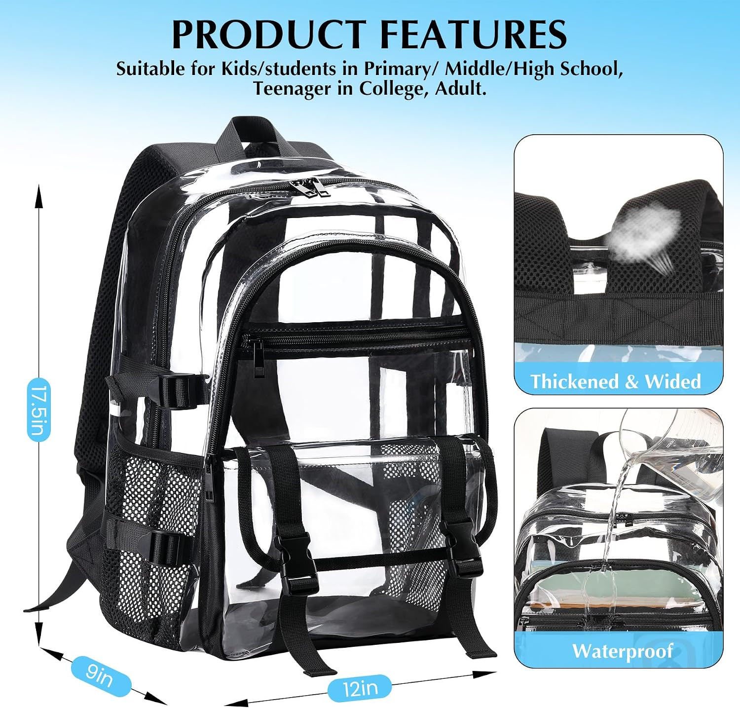 Clear Backpack for School Transparent Bookbag for Work Concerts,17 in (Black)