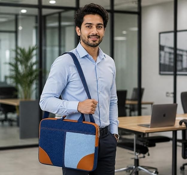 Classic Denim Messenger Laptop Bag, Multicolor, Zipper Closure Formal Style