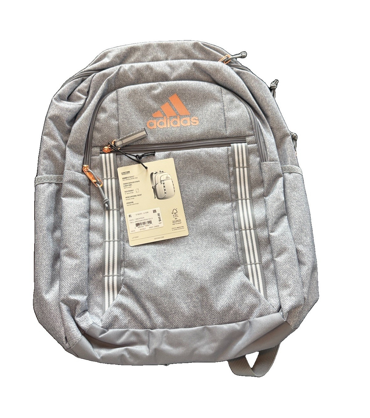 adidas Gray Backpack Zip Closure Padded Adjustable Shoulder Straps