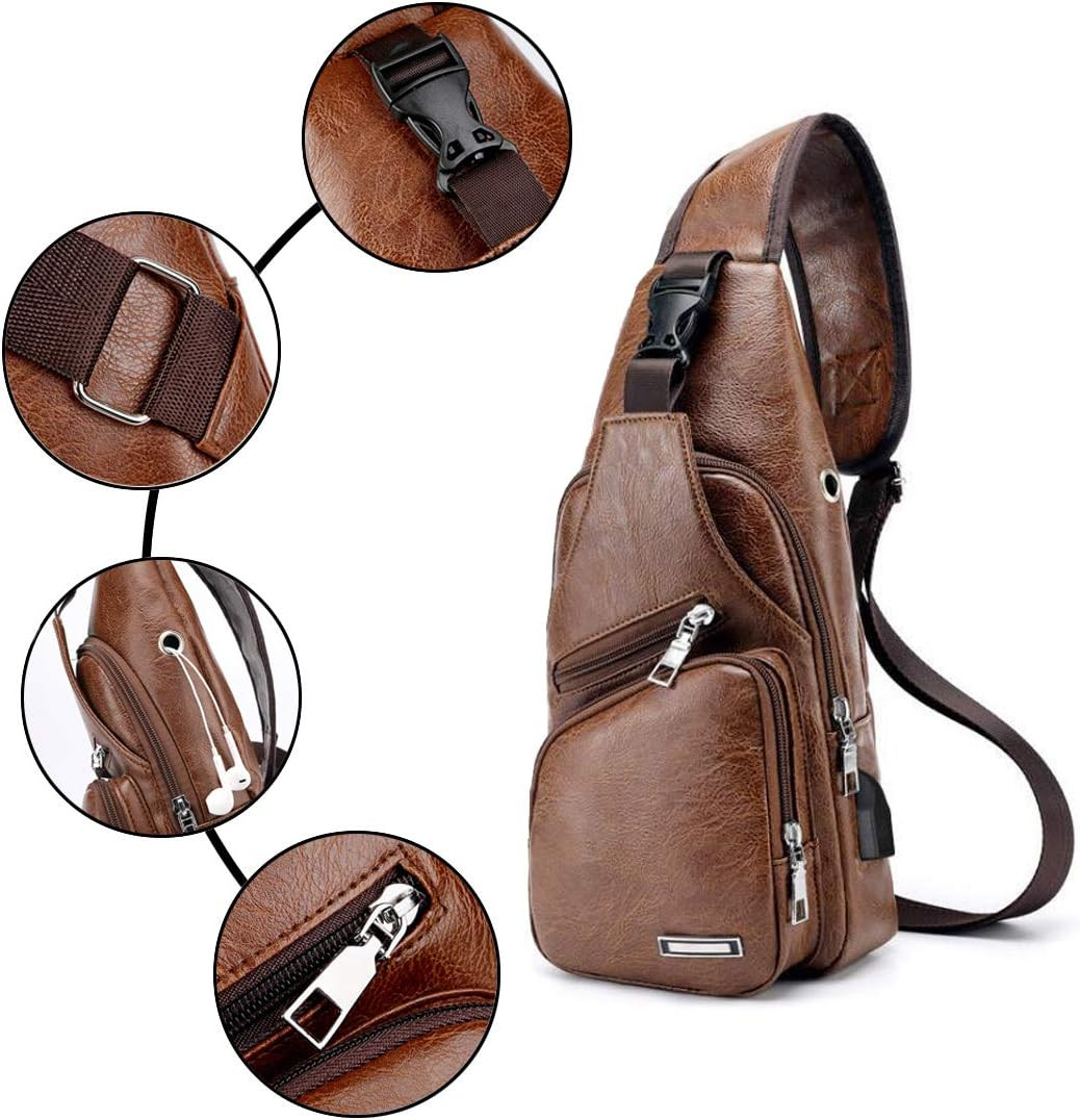 Men’s Brown Sling Backpack Crossbody Chest Bag with USB Charging Port