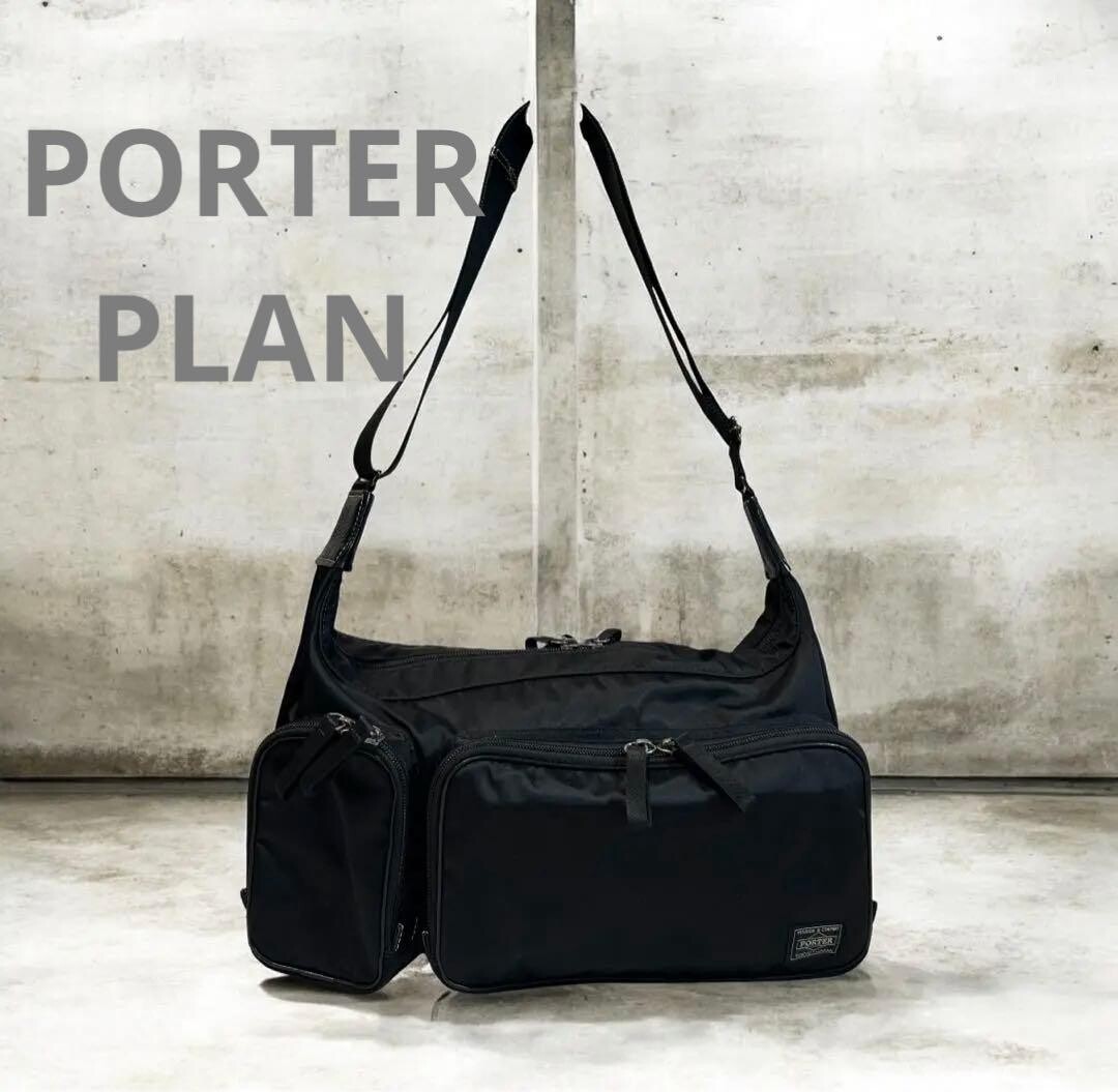 PORTER Plan Nylon Shoulder Bag Black Men Zip Woven Yoshida Kaban 35x20x14cm