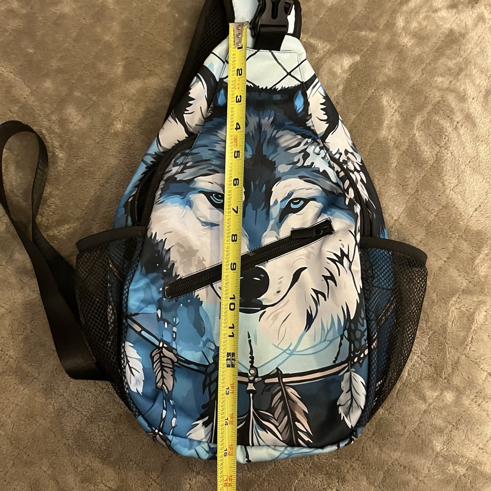 Native American Indian Sling Backpack Chest Bag Crossbody Shoulder Wolf Feathers