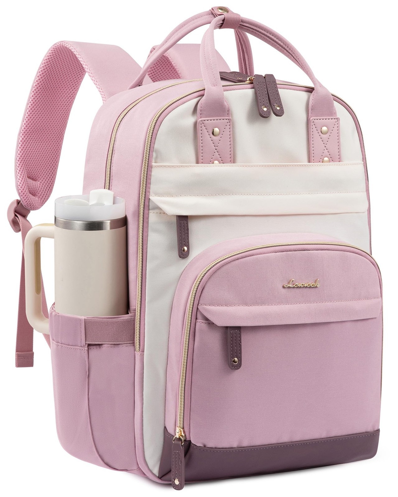 15.6″ Laptop Backpack Women with Tumbler Holder, Pink~Off~White~Light Pink