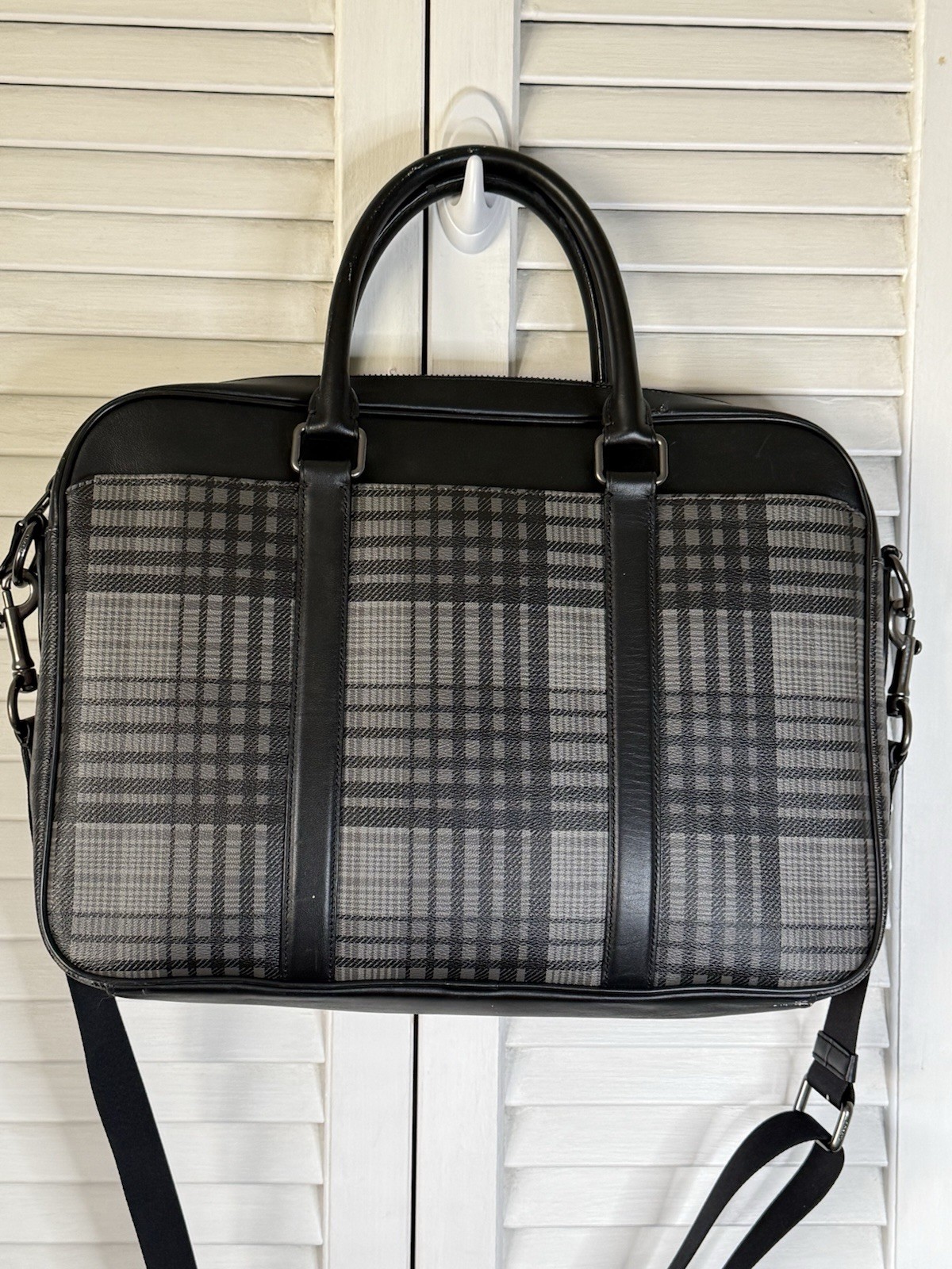 Coach Coated Canvas & Leather Perry Black & Gray Twill Plaid Briefcase
