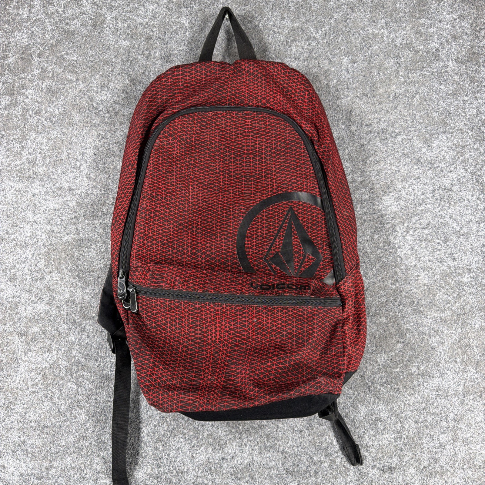 VOLCOM Stone Logo Backpack Red Black Geometric Crosshatch Grid Skate School Bag