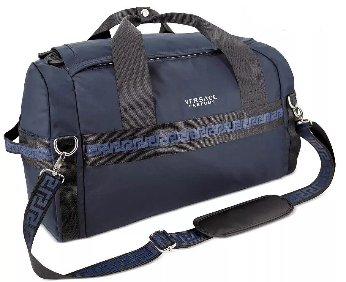 Versace Fragrances Dark Blue Duffle Silver Tone Zipper Travel Overnight Bag New