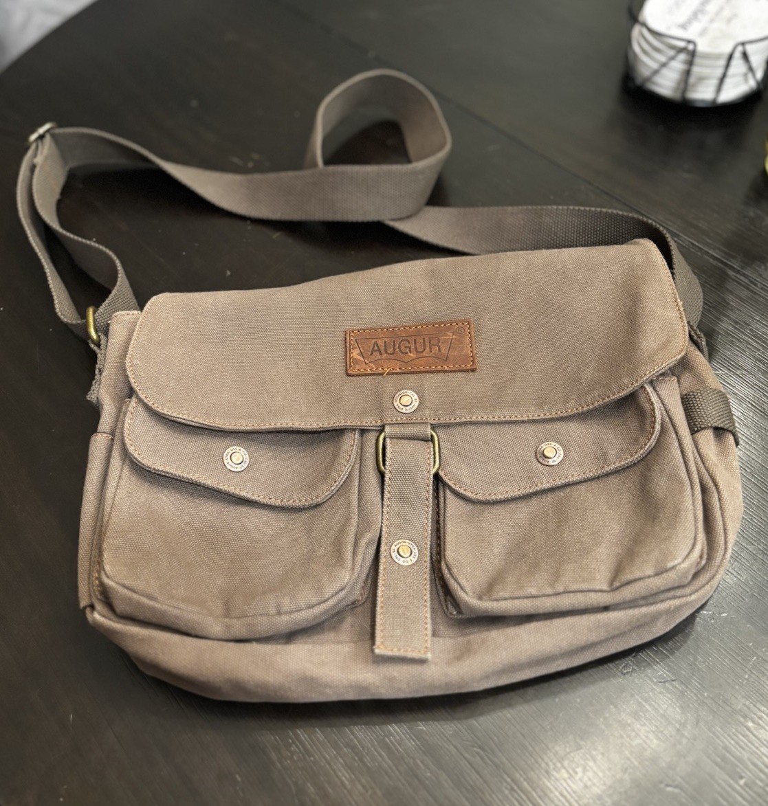 Augur Canvas Messenger Bag Adjustable Strap Pockets Brown Durable Rugged