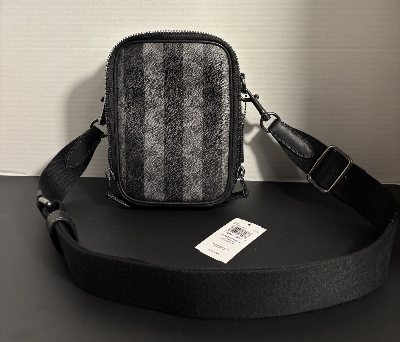 Coach Men’s Sullivan Stripe Signature Crossbody Bag Black Charcoal New