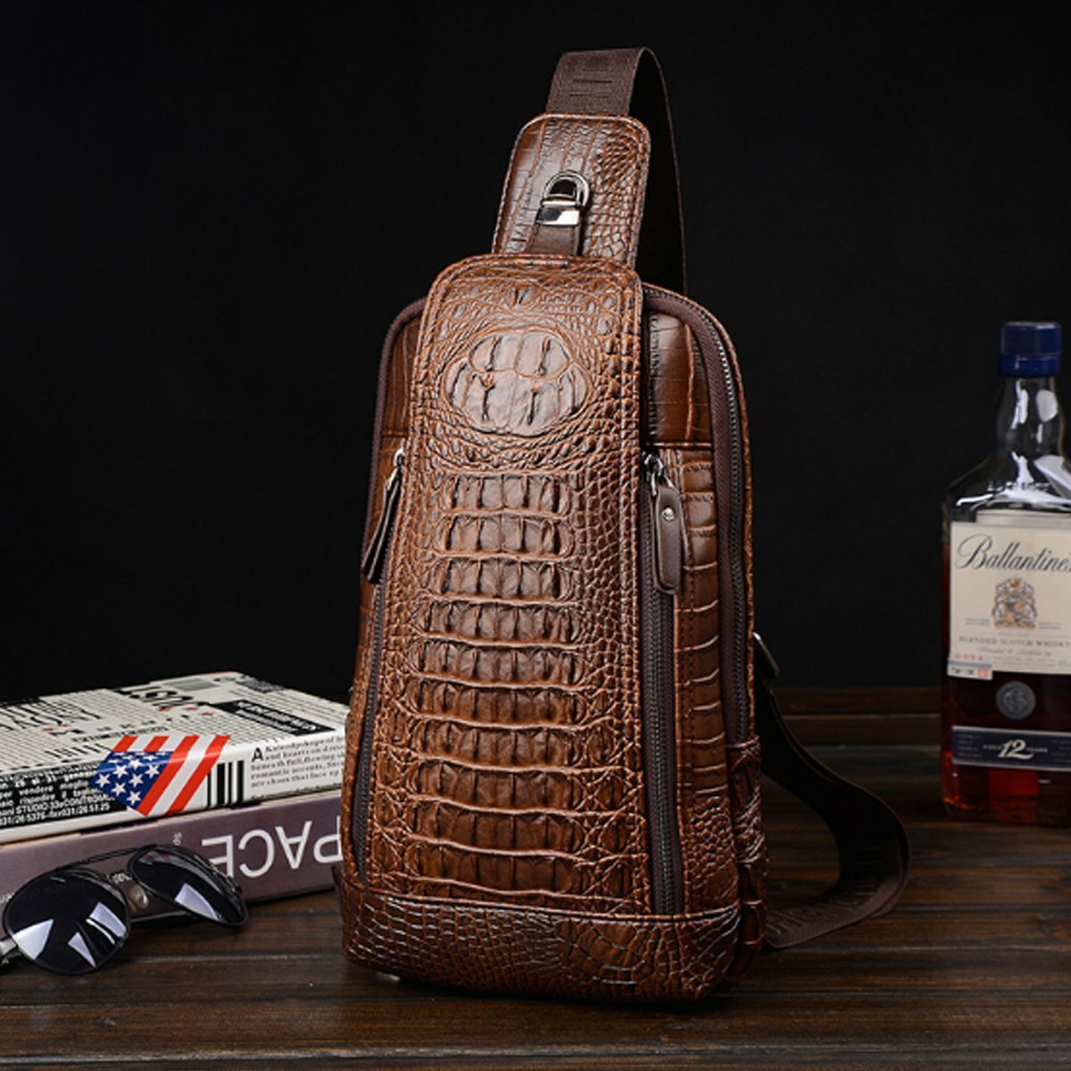 Men’s Crocodile Pattern Sling Bag Shoulder Crossbody Satchels Chest Bag Daypack