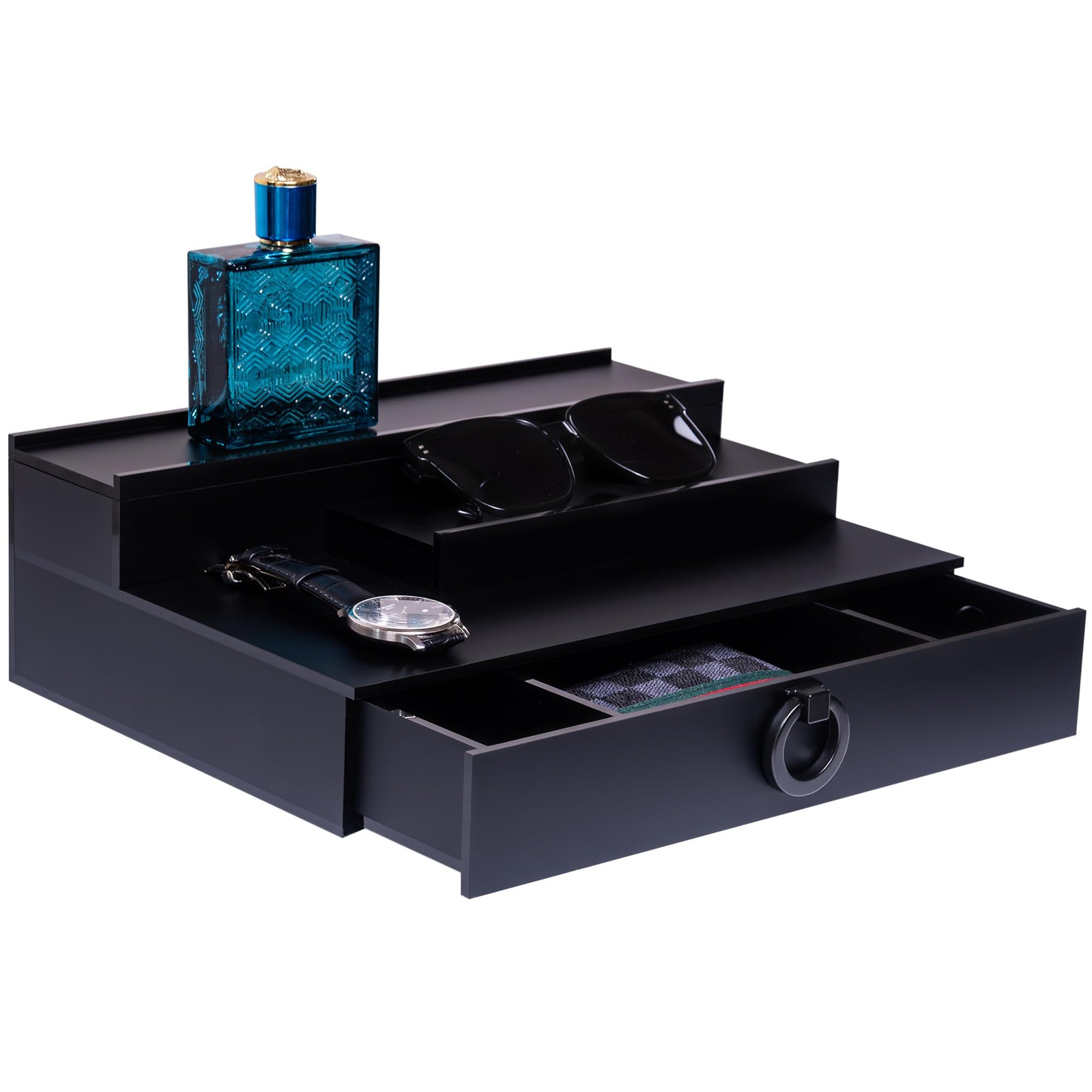 Men’s Valet Organizer with Drawer, Hidden Compartment, Matte Black